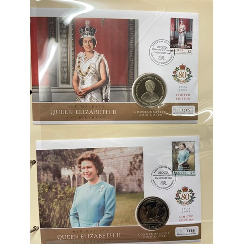 676 - FIVE A4 BINDERS OF THE QUEENS 80TH BIRTHDAY STAMP AND COIN COVER COLLECTION