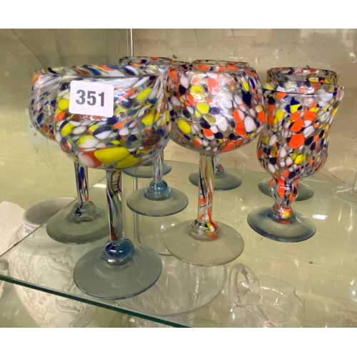 351 - SELECTION OF MOTTLED MULTI COLOUR GLASS GOBLETS AND DRINKING GLASSES