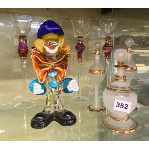 352 - MURANO GLASS CLOWN, THREE OPAQUE GILDED SCENT BOTTLES AND STEM GLASSES