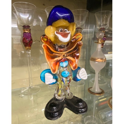 352 - MURANO GLASS CLOWN, THREE OPAQUE GILDED SCENT BOTTLES AND STEM GLASSES