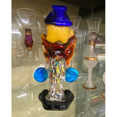 352 - MURANO GLASS CLOWN, THREE OPAQUE GILDED SCENT BOTTLES AND STEM GLASSES