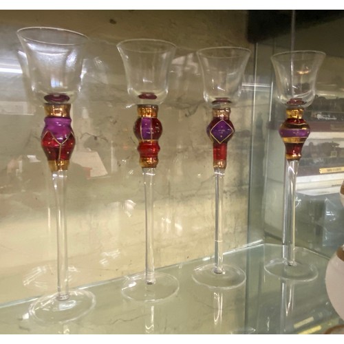 352 - MURANO GLASS CLOWN, THREE OPAQUE GILDED SCENT BOTTLES AND STEM GLASSES