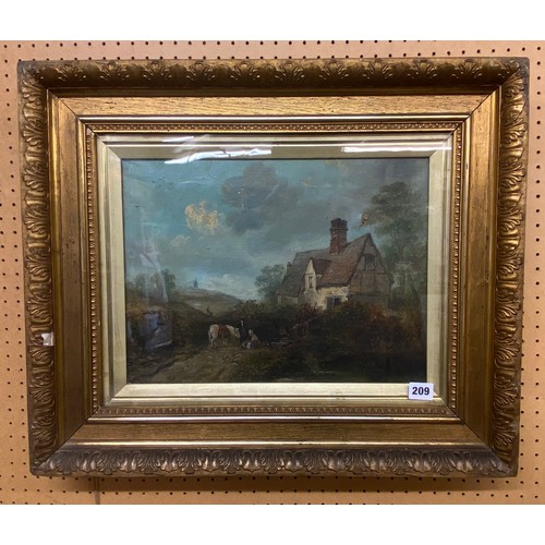 209 - 19TH CENTURY ENGLISH SCHOOL OIL ON CANVAS FIGURES BEFORE A COTTAGE IN RURAL LANDSCAPE IN GILT FRAME ... 