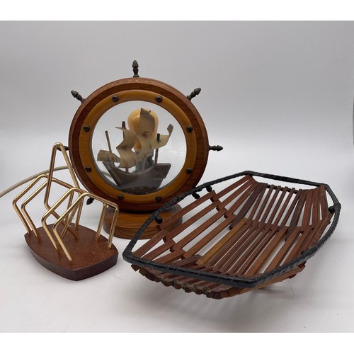 660 - WYN CRAFT TEAK TOAST RACK AND TRUG, AND A NOVELTY 1950S SHIPS WHEEL LAMP