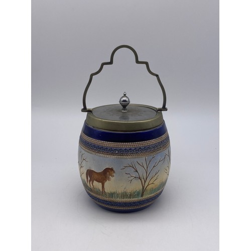 662 - ROYAL DOULTON INSPIRED BISCUIT BARREL WITH PAINTED DEER AND HORSE DECORATION