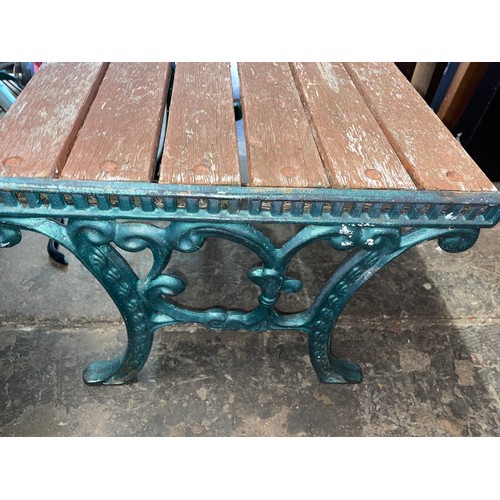 182 - SLATTED WROUGHT IRON ENDED GARDEN BENCH AND LOW TABLE