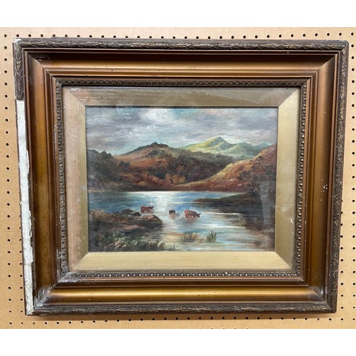 231 - OILS ON BOARD CATTLE AT WATER IN HIGHLAND LANDSCAPE