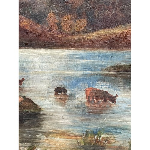 231 - OILS ON BOARD CATTLE AT WATER IN HIGHLAND LANDSCAPE