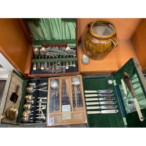 287 - SELECTION OF CASED CUTLERY, STONEWARE JAR AND BOX