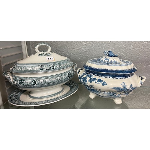 322 - BOOTHS LOWESTOFT BLUE AND WHITE TUREEN AND COVER AND 19TH CENTURY PEARLWARE OVAL TUREEN AND COVER ON... 