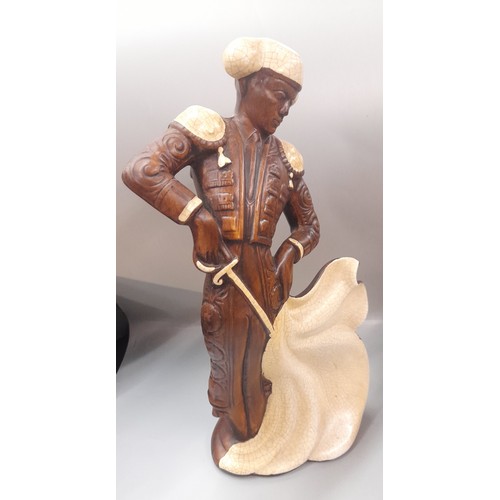 399 - POTTERY CRACKLE GLAZED BULL AND MATADOR FIGURE