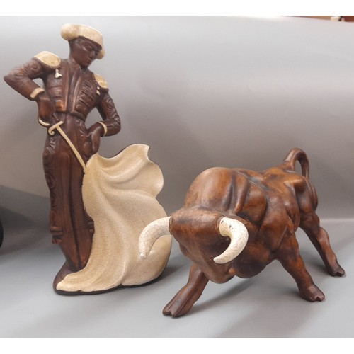 399 - POTTERY CRACKLE GLAZED BULL AND MATADOR FIGURE