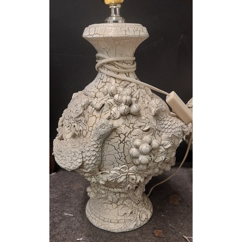 694 - PAIR OF CRACKLE GLAZE EFFECT BIRD AND FRUIT BERRY ADORNED TABLE LAMPS