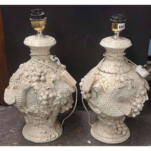 694 - PAIR OF CRACKLE GLAZE EFFECT BIRD AND FRUIT BERRY ADORNED TABLE LAMPS