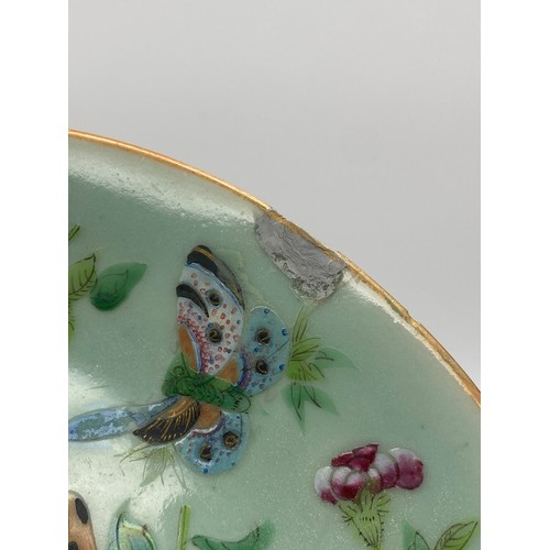 526 - JAPANESE CHARGER PAINTED WITH QUAIL AND CHRYSANTHEMUMS AND A FAMILLE ROSE PLATE DECORATED WITH BRIDS... 