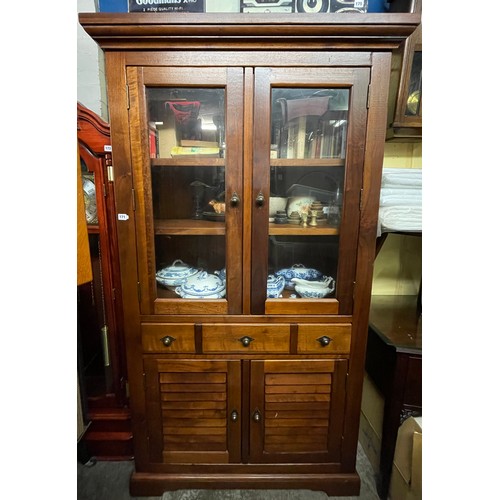 171 - MANGO WOOD TWO DOOR VITRINE WITH LOUVRE PANEL LOWER CUPBOARD DOORS