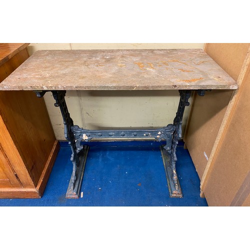 65 - VICTORIAN CAST IRON TRESTLE END MARBLE SLAB TOP TABLE