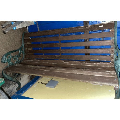 182 - SLATTED WROUGHT IRON ENDED GARDEN BENCH AND LOW TABLE