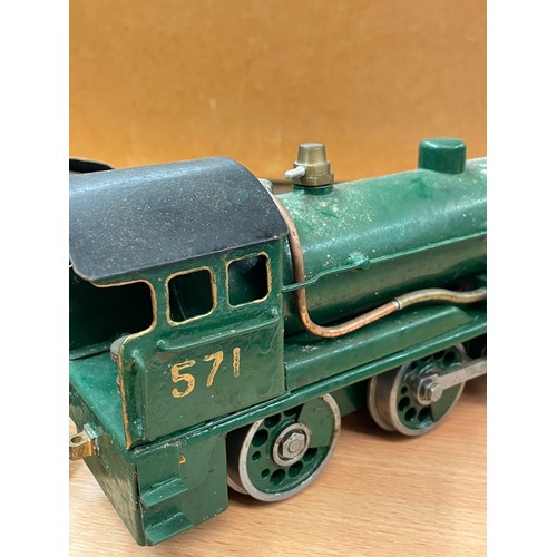 252 - SCRATCH BUILT MODEL OF LNER 571 LOCOMOTIVE AND WAGON ON TRACK PLINTH