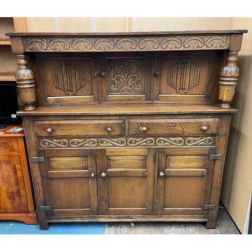 8 - REPRODUCTION OAK CARVED LINENFOLD 17TH CENTURY STYLE COURT CUPBOARD