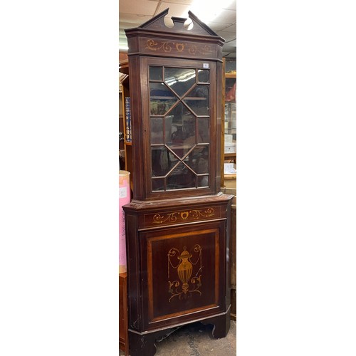 1 - EDWARDIAN MAHOGANY MARQUETRY AND BOX LINE INLAID ASTRAGAL GLAZED CORNER CABINET