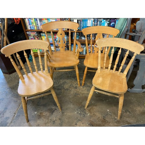 139 - PAIR OF TURNED SPINDLE BACK COUNTRY CHAIRS, BEECH TURNED SPINDLE AND FIDDLE BACK ELBOW CHAIR