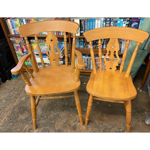 139 - PAIR OF TURNED SPINDLE BACK COUNTRY CHAIRS, BEECH TURNED SPINDLE AND FIDDLE BACK ELBOW CHAIR