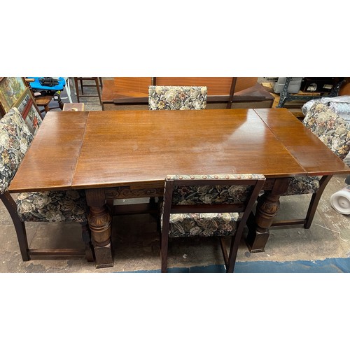 30 - REPRODUCTION 17TH CENTURY STYLE DRAWER LEAF CARVED BULBOUS LEGGED DINING TABLE AND FOUR TAPESTRY UPH... 