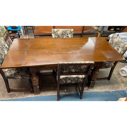 30 - REPRODUCTION 17TH CENTURY STYLE DRAWER LEAF CARVED BULBOUS LEGGED DINING TABLE AND FOUR TAPESTRY UPH... 