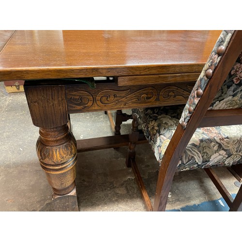 30 - REPRODUCTION 17TH CENTURY STYLE DRAWER LEAF CARVED BULBOUS LEGGED DINING TABLE AND FOUR TAPESTRY UPH... 