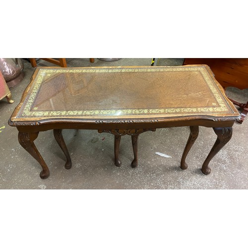 159 - LEATHER TOPPED WALNUT COFFEE TABLE NEST