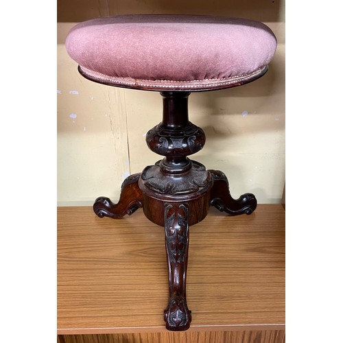 186 - VICTORIAN ROSEWOOD CARVED REVOLVING PIANO STOOL