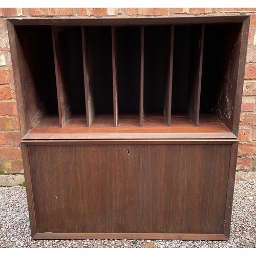 199 - 1970S AFRICAN WALNUT FLOATING PIGEON HOLE AND DROP FLAP CUPBOARDS