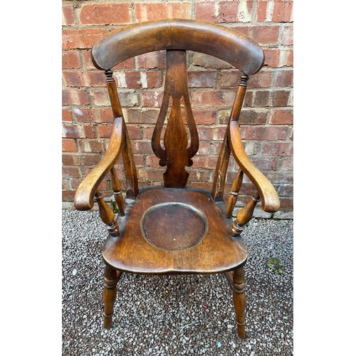 202 - VICTORIAN BEECH AND ELM PIERCED FIDDLE BACK ELBOW CHAIR