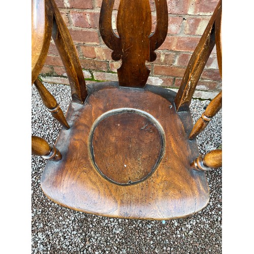 202 - VICTORIAN BEECH AND ELM PIERCED FIDDLE BACK ELBOW CHAIR