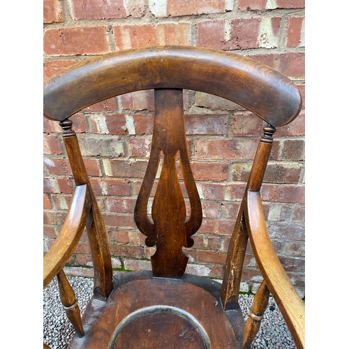 202 - VICTORIAN BEECH AND ELM PIERCED FIDDLE BACK ELBOW CHAIR