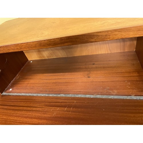 195 - TEAK FLOATING SHELF FITTED WITH FALL FLAP AND TWO DRAWERS