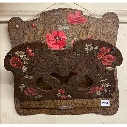 224 - WALL MOUNTED STATIONARY/PAPER RACK DECORTED WITH FLOWERS