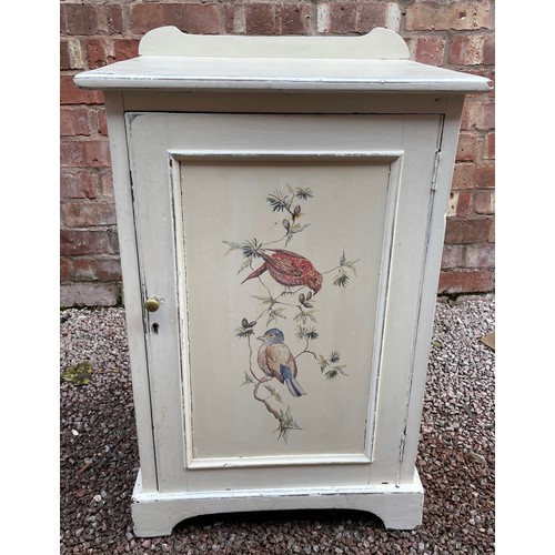 204 - PINE CREAM PAINTED BEDSIDE CUPBOARD DECORATED WITH BIRDS