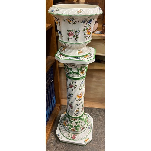 3 - CAPODIMONTE POTTERY FLORAL DECORATED JARDINIERE STAND AND PLANTER