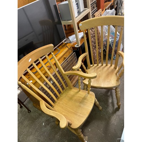 65 - PAIR OF BEECH SLAT BACK COUNTRY ELBOW CHAIRS