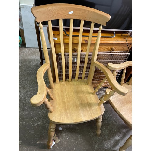 65 - PAIR OF BEECH SLAT BACK COUNTRY ELBOW CHAIRS