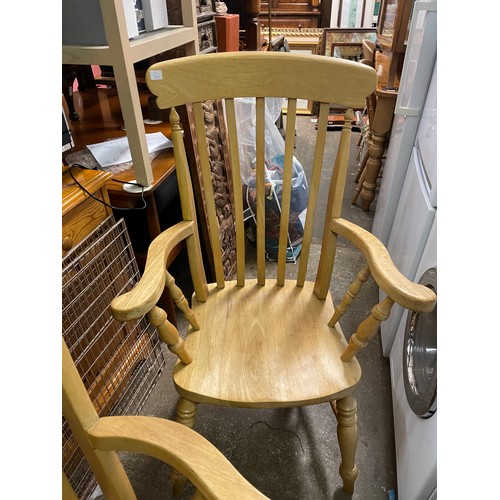 65 - PAIR OF BEECH SLAT BACK COUNTRY ELBOW CHAIRS