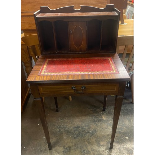 97 - REPRODUCTION MAHOGANY INLAID CHEVERET WITH RED LEATHER SKIVER