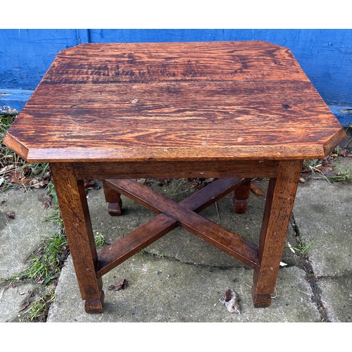 220 - OAK OCCASIONAL TABLE WITH CROSS STRETCHER AND UPHOLSTERED BUTTON TOPPED DRESSING STOOL