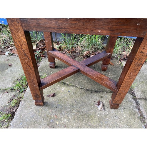 220 - OAK OCCASIONAL TABLE WITH CROSS STRETCHER AND UPHOLSTERED BUTTON TOPPED DRESSING STOOL