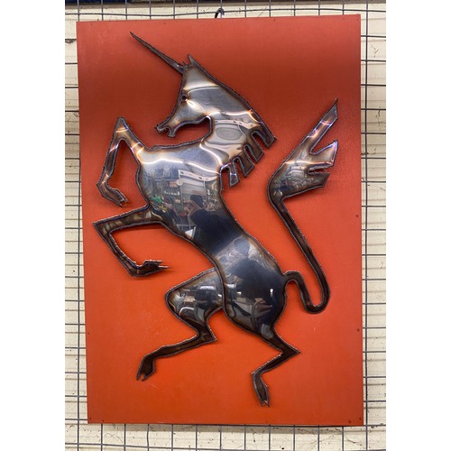 292 - 20TH CENTURY METALWORK UNICORN SCULPTURE MOUNTED ON VINYL BOARD