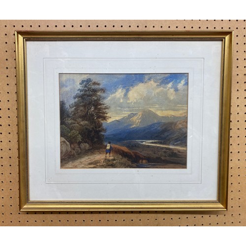 273 - UNSIGNED WATERCOLOUR OF A FIGURE ON A PATH IN HIGHLAND LANDSCAPE FRAMED AND GLAZED