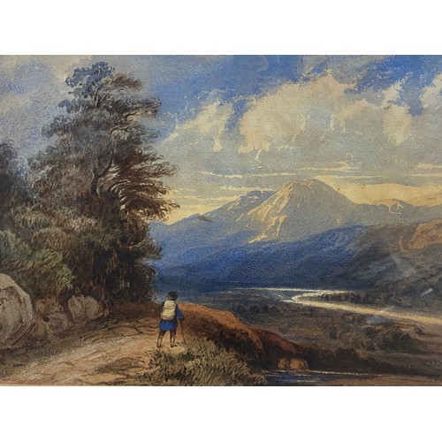 273 - UNSIGNED WATERCOLOUR OF A FIGURE ON A PATH IN HIGHLAND LANDSCAPE FRAMED AND GLAZED