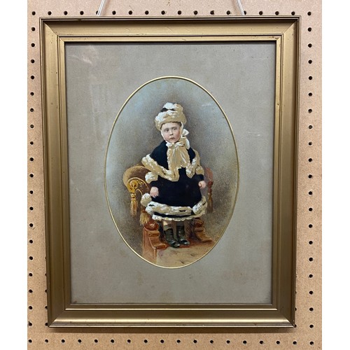 269 - 19TH CENTURY SCHOOL PORTRAIT OF A CHILD IN ERMINE TRIMMED CLOAK AND BONNET HEIGHTENED IN GOUACHE FRA... 